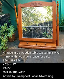 Vintage large wooden table top vanity swivel mirror with two drawer base for sale