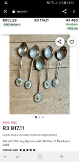 Vintage engraved silver set of 6 Sterling spoons with Mother of pearl and gold for sale
