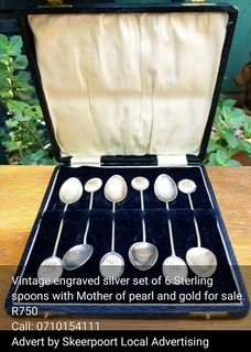 Vintage engraved silver set of 6 Sterling spoons with Mother of pearl and gold for sale