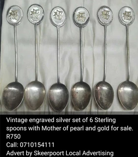 Vintage engraved silver set of 6 Sterling spoons with Mother of pearl and gold for sale