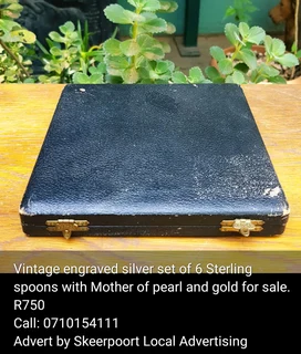 Vintage engraved silver set of 6 Sterling spoons with Mother of pearl and gold for sale