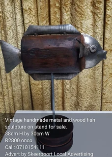 Vintage handmade metal and wood fish sculpture for sale