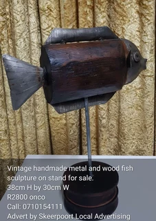 Vintage handmade metal and wood fish sculpture for sale