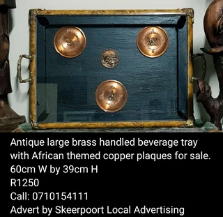 Antique large brass handled beverage tray with African themed copper plaques for sale