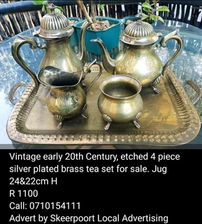 Vintage early 20th Century, etched 4 piece silver plated brass tea set for sale