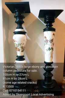 Victorian 1880s large ebony and porcelain column pedestals for sale