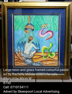 Large resin and glass framed colourful pastel art by Rachelle Műlder for sale