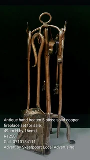 Antique hand beaten 5 piece solid copper fireplace set for sale
