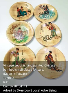 Vintage set of 6 hand painted Chinese bamboo plates for sale
