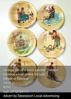 Vintage set of 6 hand painted Chinese bamboo plates for sale