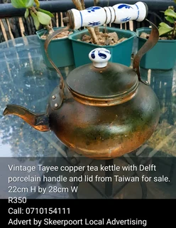 Vintage Tayee copper tea kettle with Delft porcelain handle and lid from Taiwan for sale