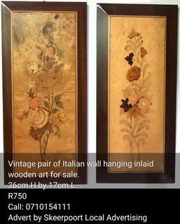 Vintage pair of Italian wall hanging inlaid wooden art for sale