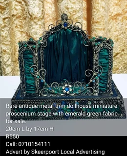 Rare antique metal trim dollhouse miniature proscenium stage with emerald green fabric for sale