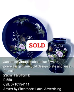Japanese vintage cobalt blue Elweco porcelain genuine gold design plate and vase for sale