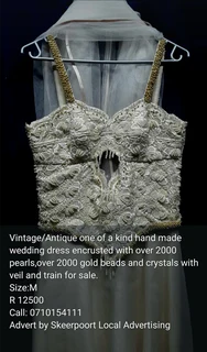 Antique/vintage one of a kind hand made wedding dress with veil and train for sale