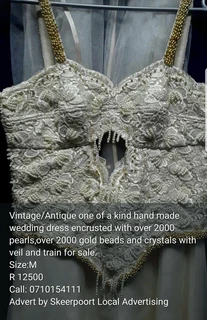 Antique/vintage one of a kind hand made wedding dress with veil and train for sale