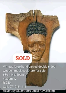 Vintage large hand carved double sided wooden sculpture for sale
