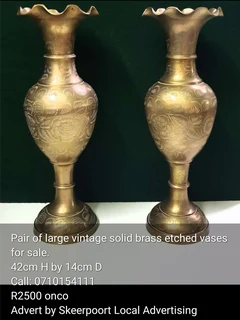 Pair of large vintage solid brass etched vases for sale.