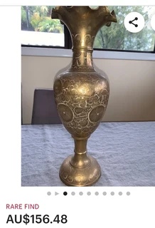 Pair of large vintage solid brass etched vases for sale.
