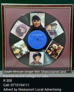 South African singer Min Shaw,signed and framed record collage for sale
