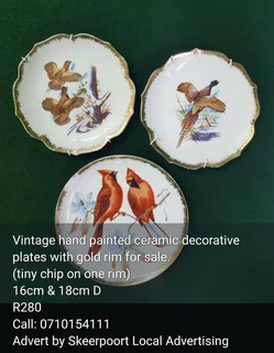 3 Vintage hand painted ceramic decorative plates with gold rim for sale