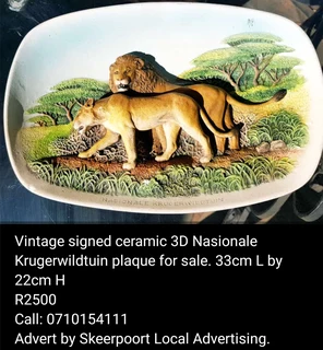 Vintage signed ceramic 3D Nasionale Krugerwildetuin plaque for sale