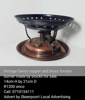 Vintage Swiss copper and brass fondue burner made by Stockli for sale