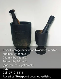 Pair of dark wood two toned mortar and pestle for sale