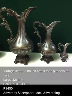 Vintage set of 3 Italian brass tone pitchers for sale