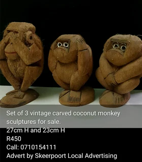 Set of 3 Vintage carved coconut monkey sculptures for sale
