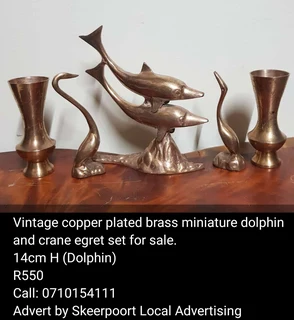 Vintage copper plated brass miniature dolphin and crane egrets set for sale