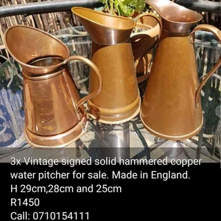 3x vintage copper jug/pitchers made in England for sale