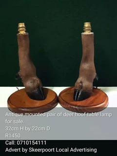Antique pair of mounted deer hoof table lamp for sale