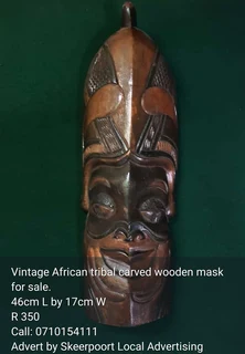 Vintage African tribal hand carved wooden mask for sale