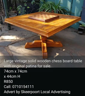 Large Vintage Solid Wooden Chess Board Table With Original Patina For Sale.