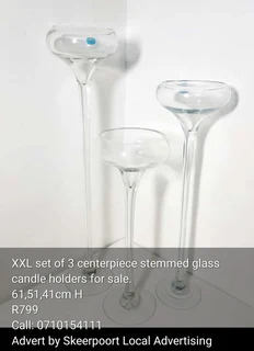 XXL set of 3 centerpiece stemmed glass candle holders for sale