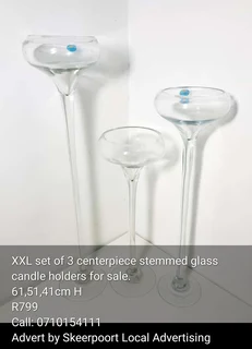 XXL set of 3 centerpiece stemmed glass candle holders for sale