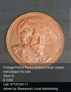 Vintage large Petrus Paulus Rebuns copper wall plaque for sale