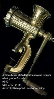 Antique brass plated no5 Husqvarna reliance meat grinder for sale