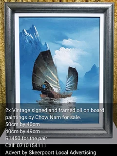2x vintage signed and framed oil on board paintings by Chow Nam for sale.