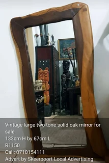 Vintage large two toned solid oak mirror for sale.