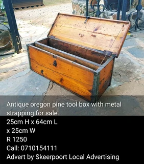 Antique oregon pine tool box with steel strapping for sale.