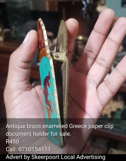 Antique brass enameled Greece paper clip document holder for sale
