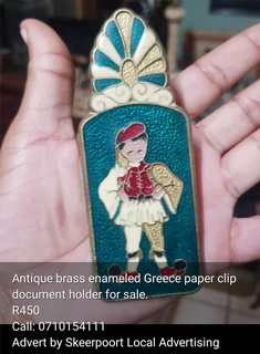 Antique brass enameled Greece paper clip document holder for sale