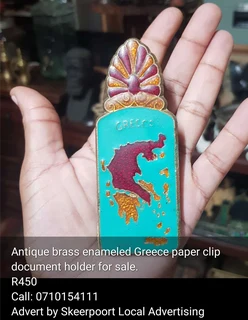 Antique brass enameled Greece paper clip document holder for sale