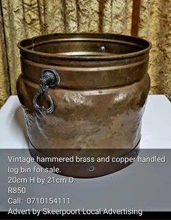 Vintage hammered copper and brass log bin for sale