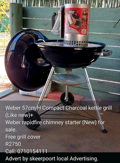 Like new Weber 57cm H compact charcoal kettle grill &#43; rapid chimney firestarter for sale.