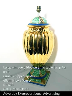 Large vintage ceramic gilded table lamp for sale.