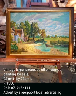Vintage large landscape oil on canvas board painting for sale.