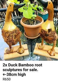 2x Duck Bamboo root sculptures for sale.